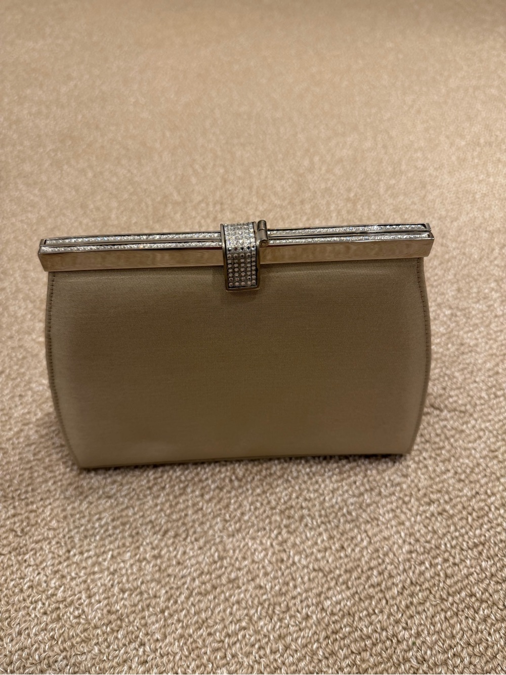 Stuart Weitzman Champagne Satin Mini Clutch with Crystal-Embellished Frame